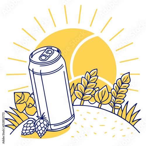 Canned beverage with plants and sun graphic design in bright colors  