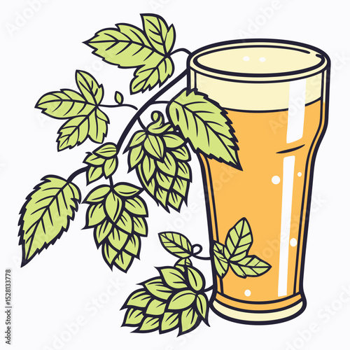 Glass of beer surrounded by green hops illustration  