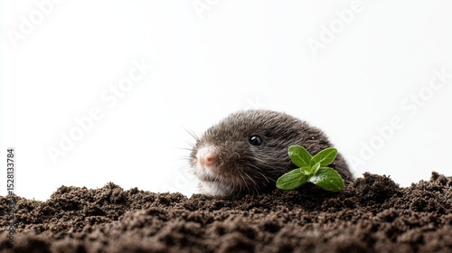 Small mole peeking out from dark soil with a green sprout on a bright background