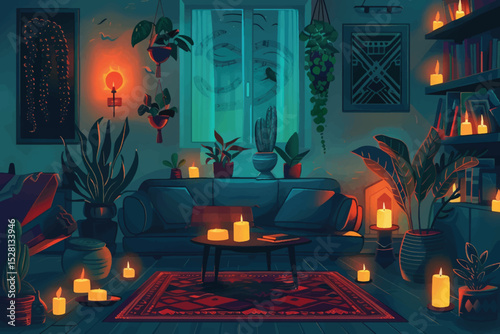 Night cozy interior illuminated by burning fireplace and moonlight through curtained window. Dark empty living room with tea pot and cups on table, soft armchairs and bookcase, vase with plants.