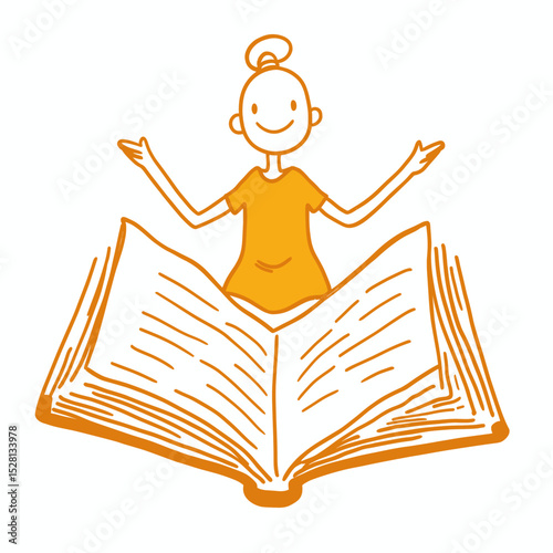 Joyful doodle of a girl sitting in an open book, symbolizing passion for reading and knowledge