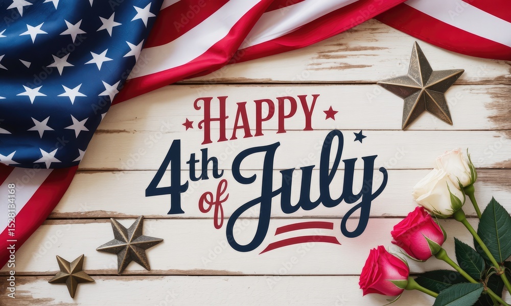 Fototapeta premium Happy 4th of july american flag stars roses rustic wood