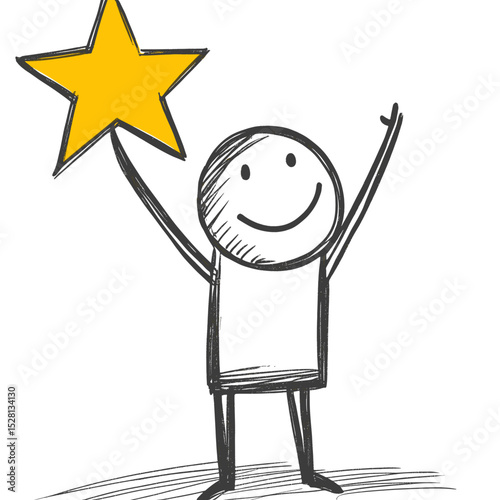 Simple doodle of a stick figure holding a yellow star high, symbolizing achievement and positivity on a clean background