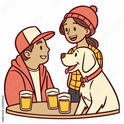 Young couple enjoying drinks with a dog at a cozy outdoor table  
