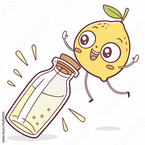 Cartoon lemon character jumping beside a bottle of lemonade  
