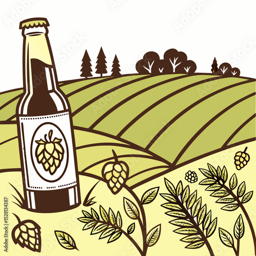 Beer bottle on green field with hops and plants in countryside  