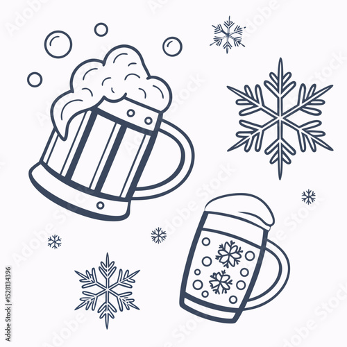 Beer mugs with winter snowflakes and bubbles in line art style  