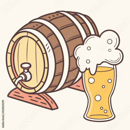 Beer barrel with glass filled with frothy beer on a beige background  