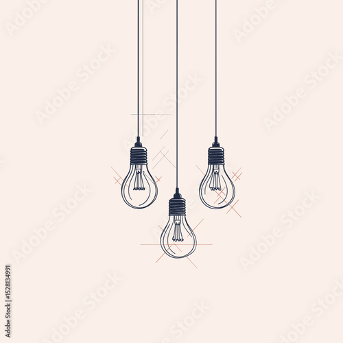 Minimalistic illustration of three hanging light bulbs on a soft background for lighting and design concepts