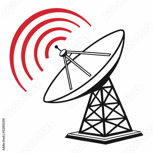 Satellite dish antenna with red signal waves for communication  