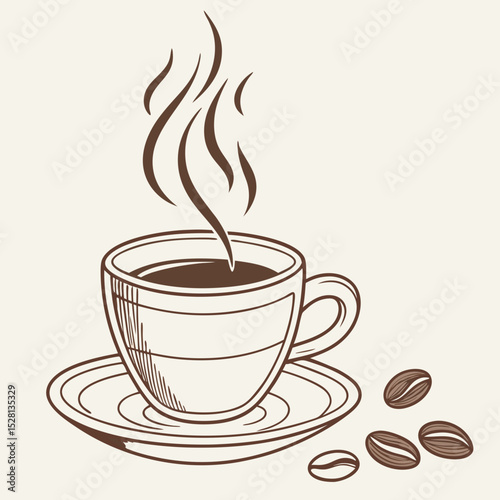 Coffee cup with steam and coffee beans on saucer in minimalist style  