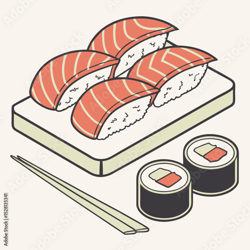 Sushi rolls and sashimi arranged on a plate with chopsticks  