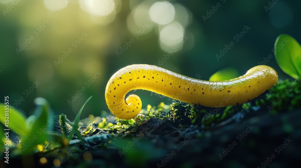 Fototapeta premium A yellow worm on a green leaf with a blurred background.