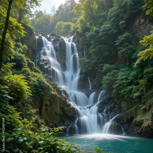 Forest Healing Spot: Summer Scene with Green Moss and Waterfall