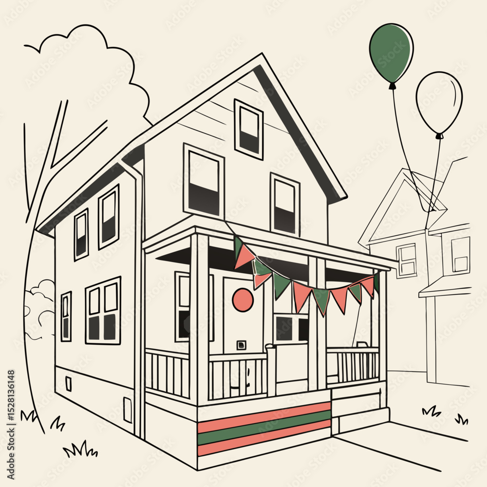 Obraz premium Festive house with bunting decorations and balloons in backyard 