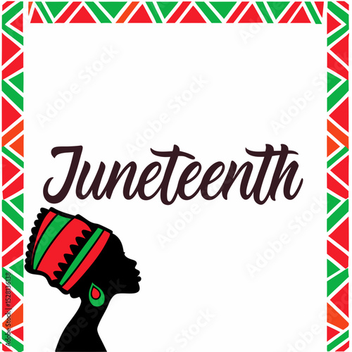 Silhouette of woman with headwrap and Juneteenth text in background  