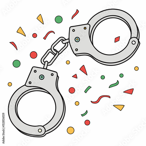 Handcuffs linked together against colorful confetti background  