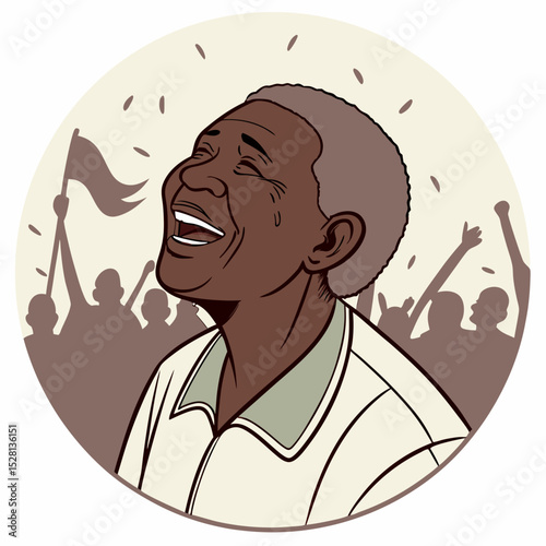 Joyful man celebrating among cheering crowd in festive atmosphere  