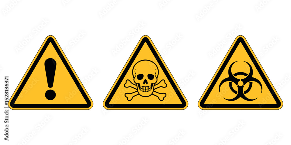 Obraz premium Toxic, Biohazard, and Caution Warning Signs Vector Set – Yellow Triangle Safety Symbols
