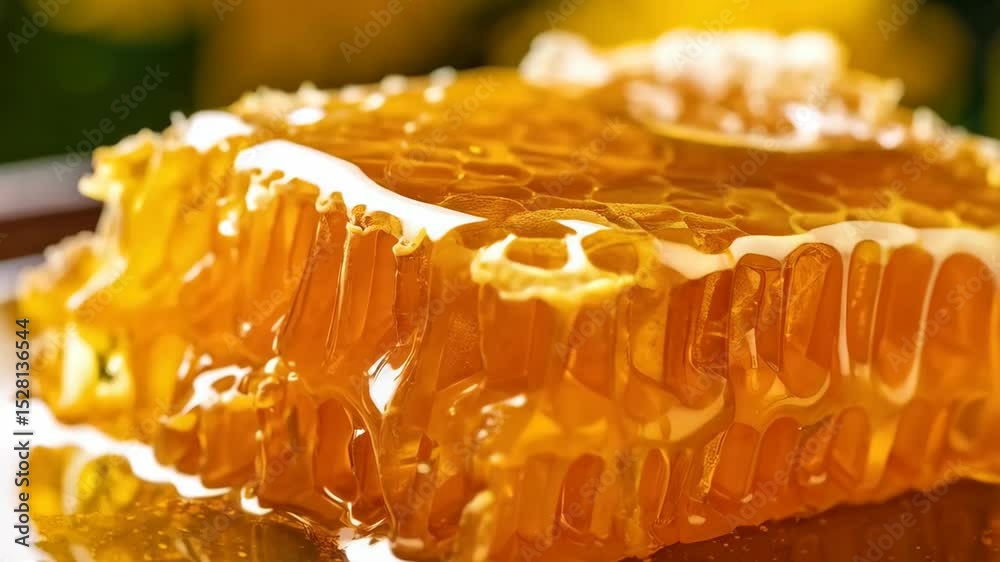 Close-up of a piece of honeycomb with golden honey dripping and pooling, showcasing natural texture and color, delicious and sweet.