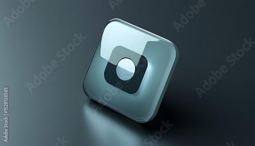 A minimalist 3D home icon made of frosted glass, isolated on a dark gray backdrop with subtle lighting