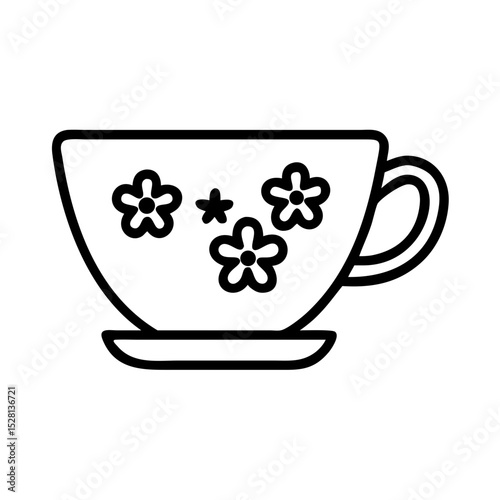 Teacup with delicate floral design. Elegant teacup decorated with simple flowers and leaves. This charming teacup illustration is perfect for tea shop logos and cafe menus.