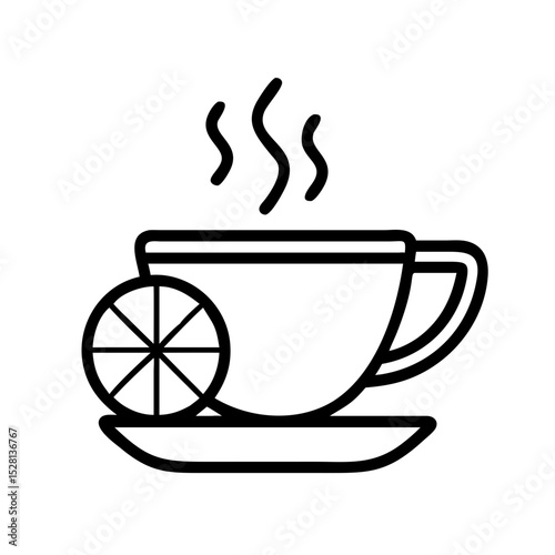 Hot tea with lemon slice in cup and saucer. Refreshing beverage with citrus fruit slice. Perfect tea with lemon icon for cafe menu design.