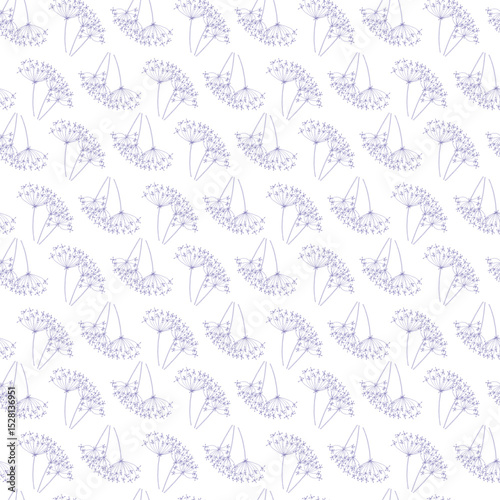 Seamless texture for your design. Blue grass and dill on white  background. Illustration can be used for fabric, templates, wallpaper, background.
