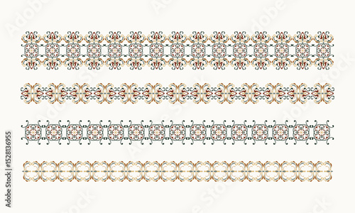Geometric Ethnic Border Set in Earthy Tones – Seamless Traditional Decorative Pattern Vector