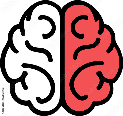 Stylized brain illustration with red and white halves in flat design  