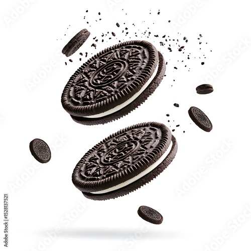 Oreo cookies flying in the air, isolated on a white background