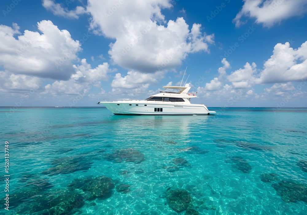 A White Luxury Yacht Sailing Through Turquoise Waters Under a Clear Blue Sky on a Sunny Day, the Essence of a Perfect Day at Sea. A White Luxury Yacht Sailing Through Turquoise Waters Under a Clear Blue Sky on a Sunny Day, the Essence of a Perfect Day at Sea.