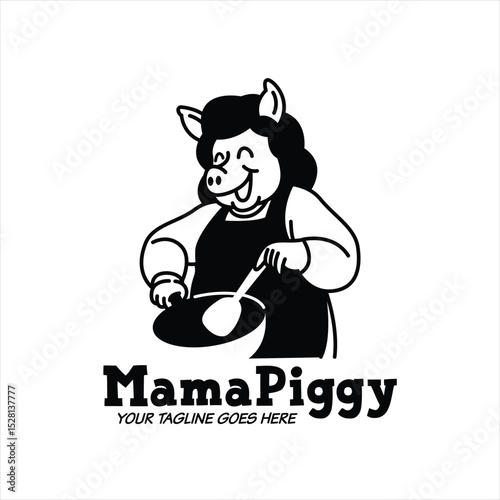 A HAPPY FACE MAMA PIG IS COOKING ON A PAN CARTOON LOGO