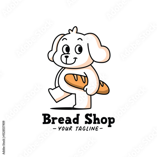 A CUTE WALKING DOG WITH A LONG BREAD CARTOON LOGO