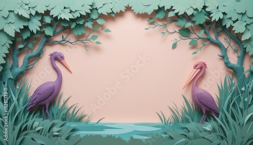 Serene Papercut Heron & Pelican Marsh Scene Blank Space for Text