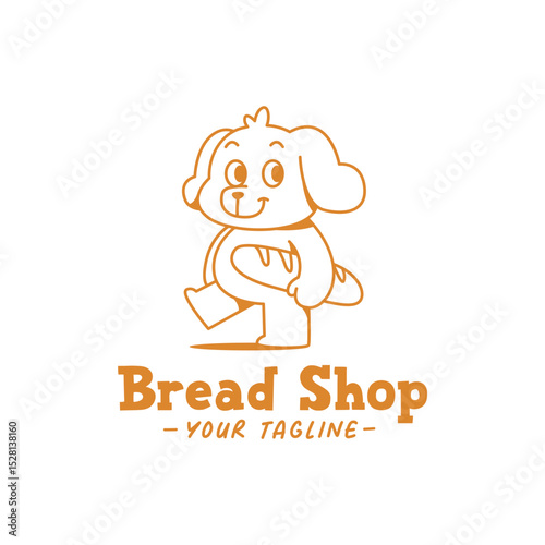 A CUTE WALKING DOG IS BRINGING A LONG BREAD,  LINE ART LOGO