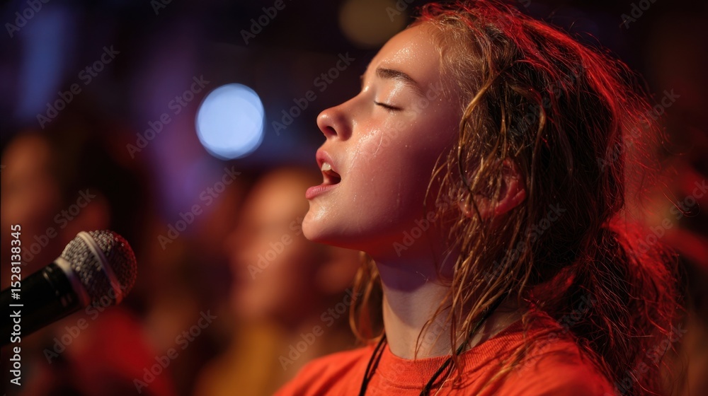 Naklejka premium A closeup of a young girl, tears streaming down her face as she participates in an emotional song, pouring her heart out to God and finding solace in the love of the community around