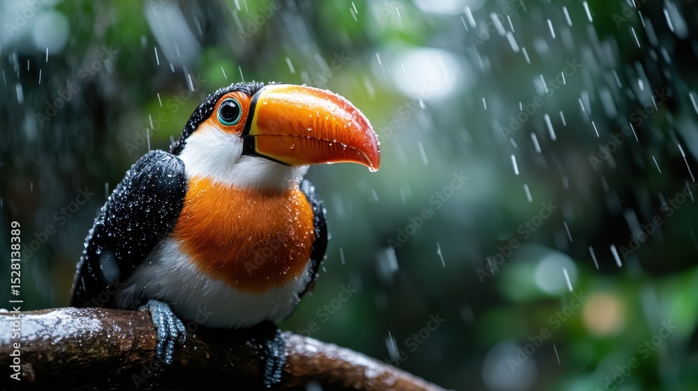 Naklejka premium A vibrant toucan perches elegantly on a branch, surrounded by raindrops in a lush forest, symbolizing nature's beauty and the resilience of wildlife in the face of adversity.