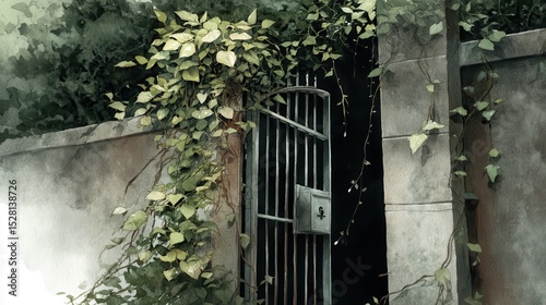Ivy-Covered Iron Gate Leading to Mystery Watercolor Painting