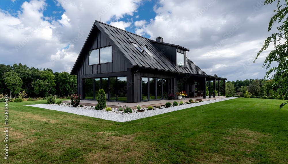 Obraz premium Modern black farmhouse with beautiful landscaping and green lawn