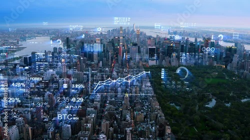Aerial High-Tech City At Dusk, with Bright Networks financial Charts. Smart City Concept With Data-Driven Financial Elements And Advanced Artificial Intelligence Technologies. Manhattan, New York.