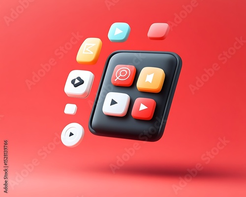 High-quality 3D vector icons for navigation and media controls floating on a red backdrop