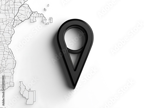 Minimalist 3D vector map pointer in black and white, clean white background, sharp shadow