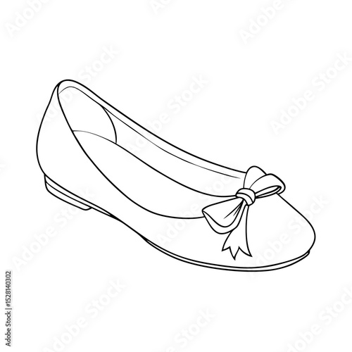 Ballet flats with bow outline drawing on white background  