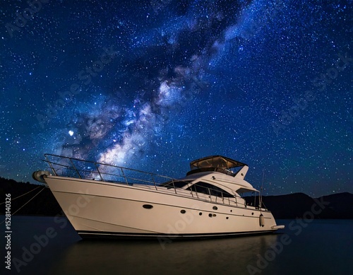 Ultra-realistic AI generated JPEG of a sleek yacht moored under a breathtaking starry sky with the Milky Way overhead. Soft natural light glints on the deck and calm water, creating a serene nocturnal photo