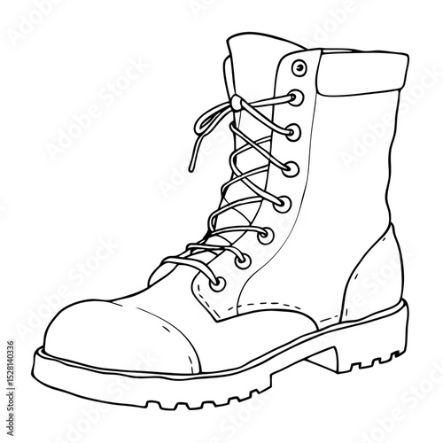 Outline of combat boot with laces and rugged sole design 