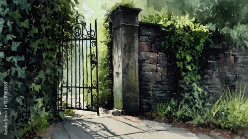 Enigmatic Ivy-Covered Gate Leading to Shadowy Path Watercolor Painting