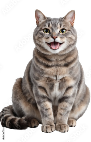 Smiling cat isolated on a transparent background. Great for use in creative projects, pet-themed designs, or digital content needing a cheerful feline image.


