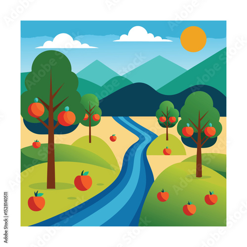 Flat vector orchard with river and hills in background