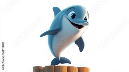 A cute cartoon dolphin jumping happily with a big smile on a white background.